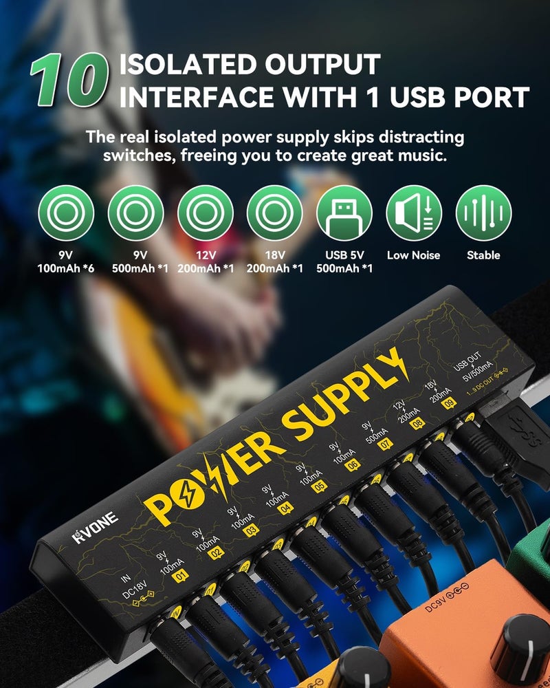 RVONE Guitar Pedal Power Supply with 10 Isolated DC Outputs and USB, Short-Circuit Protection, Noise Reduction, Stable 9V/12V/18V Power for Effect Pedals (Lightning Yellow) - Image 2